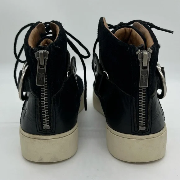 Frye Lena Harness High Top Sneakers Size 5.5 Black Suede Lace Up With Buckle - Picture 6 of 11